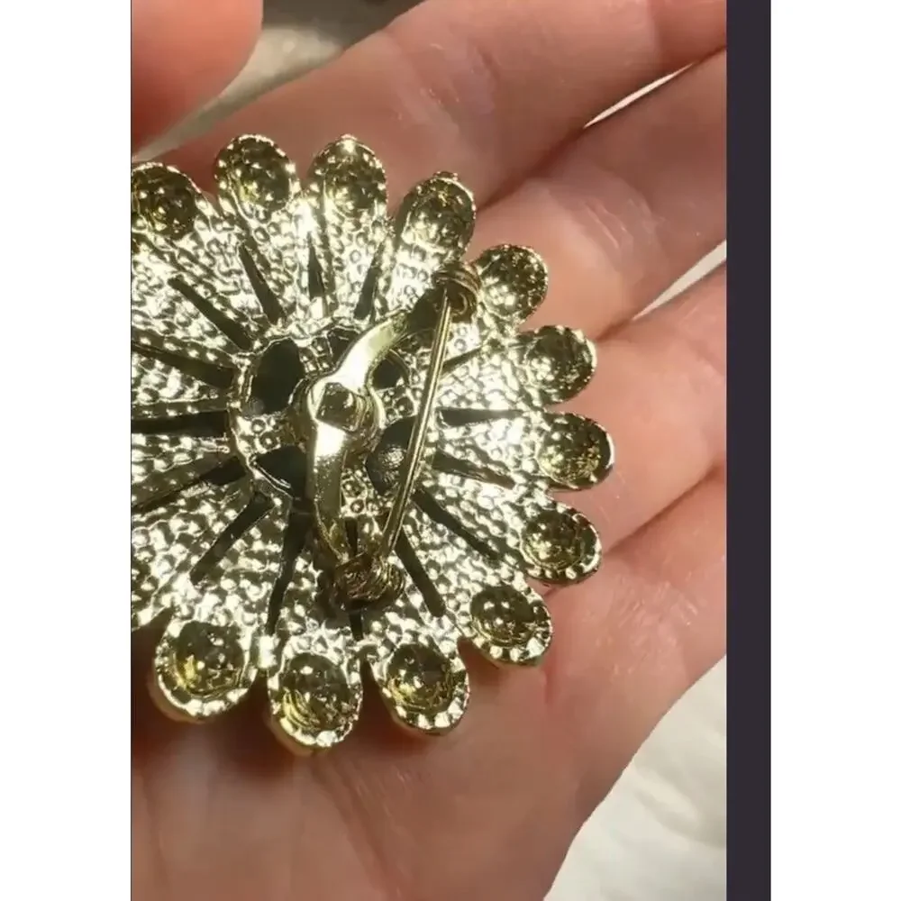 Vintage Gold Tone Starburst Brooch | Amber Rhinestone Floral Statement Pin